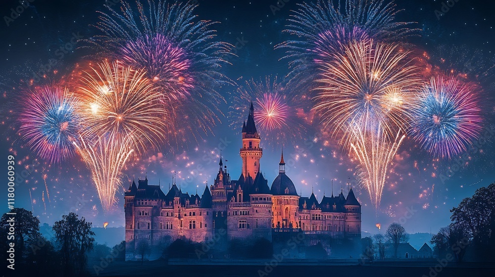 Naklejka premium Magical Castle Lit by Dazzling Fireworks in Nighttime