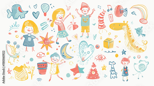 A set of children's doodle pencil sketches, showcasing a variety of fun, simple drawings by kids.