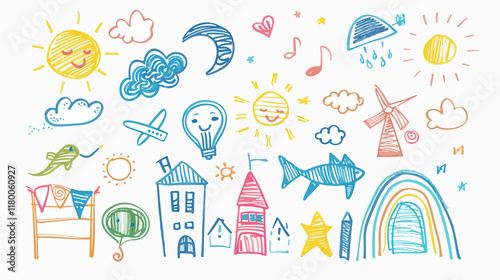 A set of children's doodle pencil sketches, showcasing a variety of fun, simple drawings by kids.