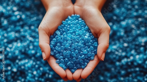 Worker holding colorful plastic resin pellets in hands