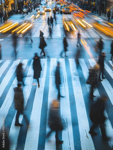 A photo of a busy crosswalk with blurred motion of people and vehicles.