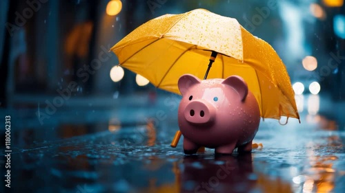 Savings for a rainy day concept. Pink piggy bank under a yellow umbrella in the rain, symbolizing savings for a rainy day and financial security and insurance. Video made using Generative AI.
