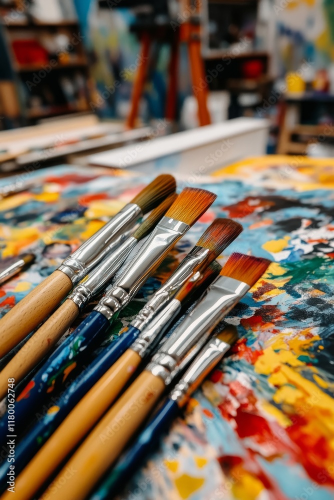 Fototapeta premium A variety of paint brushes and a mini-sized paint palette