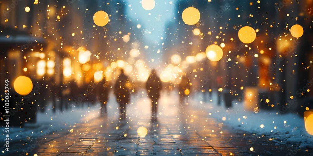 Naklejka premium Abstract blurred bokeh lights illuminating snow-covered urban streets, creating a peaceful and magical winter scene, style book illustration