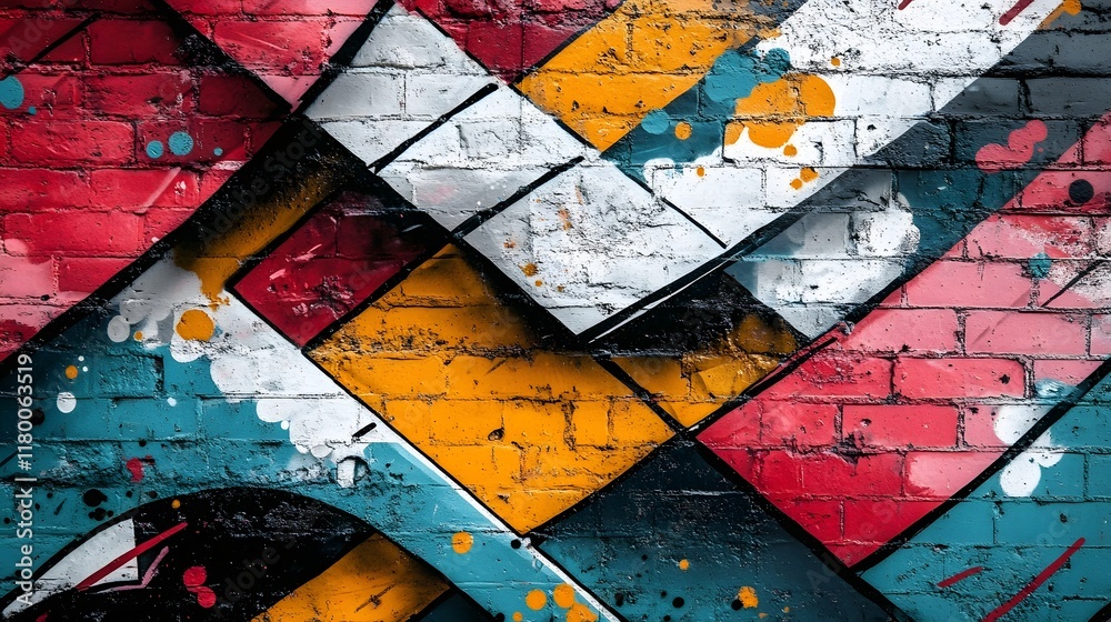 Naklejka premium Colorful Abstract Geometric Graffiti Mural on Urban Wall