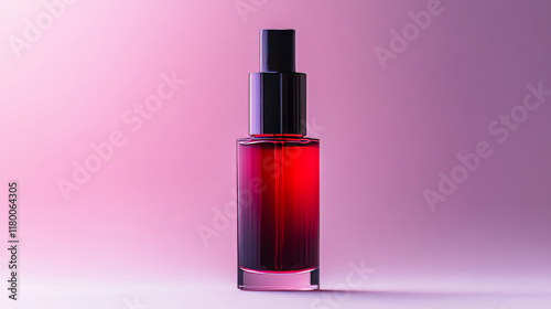 A dark red glass bottle with a black spray bottle on a light pink background.