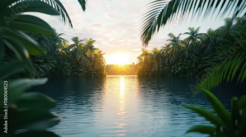 A serene tropical landscape featuring a calm river at sunset, surrounded by lush palm trees and vibrant foliage.