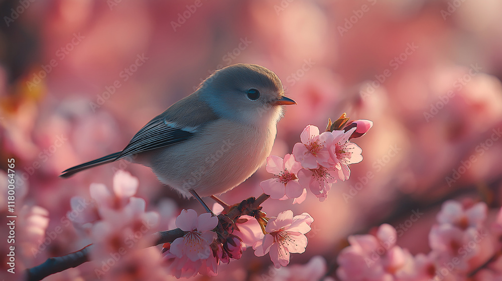 Fototapeta premium A small bird is perched on a pink flower