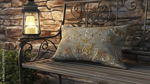 Rustic Garden Bench with Ornate Metalwork and Embroidered Throw Pillow