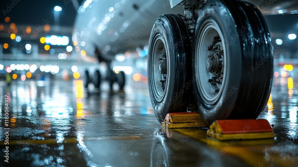 Fototapeta premium Close-up view of airplane landing gear on a wet runway, showcasing tires and reflection in the water