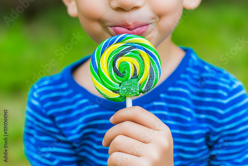 Child happily eats lollipop outside photo