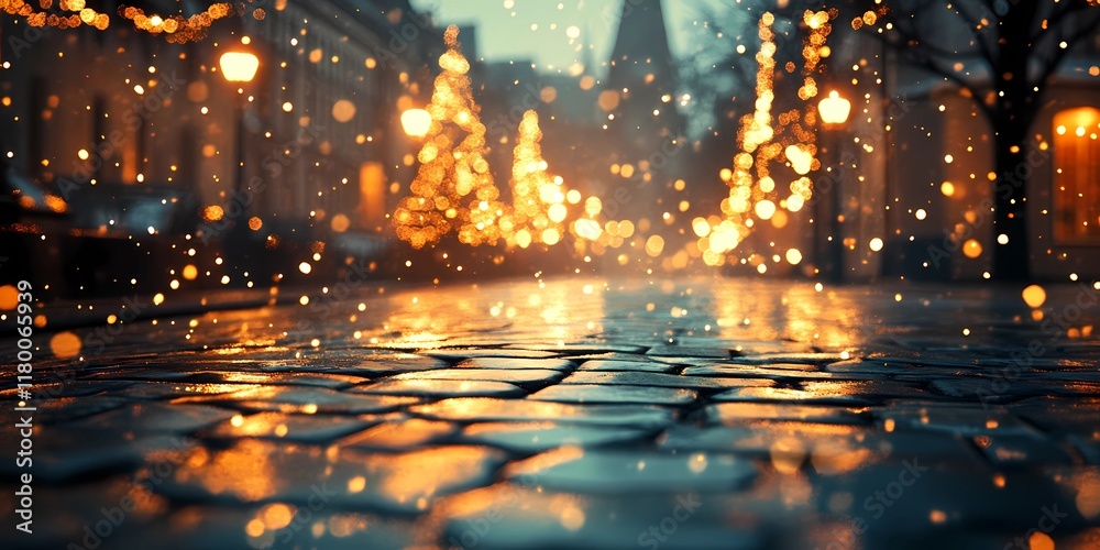Blurred golden city lights glowing faintly on snowy streets, creating a serene and abstract winter urban background, style book illustration Blurred golden city lights glowing faintly on snowy streets, creating a serene and abstract winter urban background, style book illustration