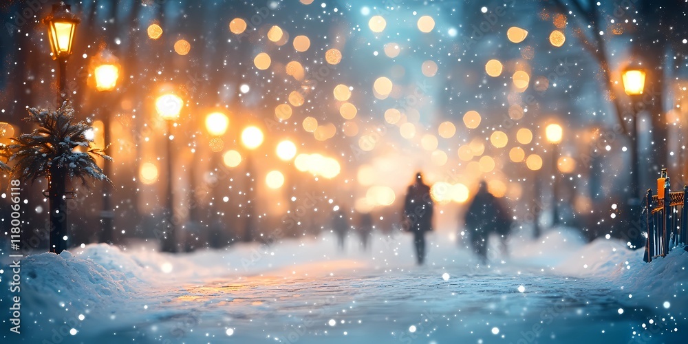 Blurred golden city lights glowing faintly on snowy streets, creating a serene and abstract winter urban background, style book illustration