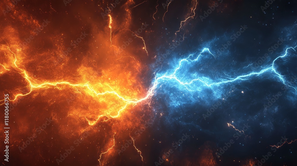 Dynamic hot orange and cold blue electrical lightning strikes creating a powerful energy burst in a dark stormy atmosphere Dynamic hot orange and cold blue electrical lightning strikes creating a powerful energy burst in a dark stormy atmosphere