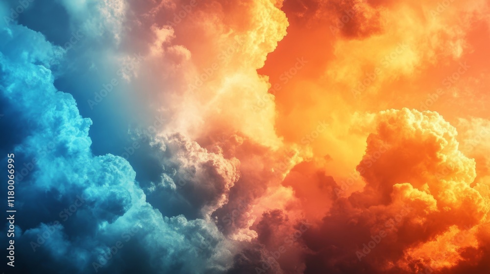 Dramatic cloudscape at sunset with vivid orange and cool blue tones in the sky, showcasing contrasting colors and dynamic cloud formations. Dramatic cloudscape at sunset with vivid orange and cool blue tones in the sky, showcasing contrasting colors and dynamic cloud formations.