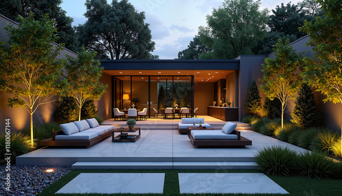 Modern outdoor living space with cozy seating at dusk