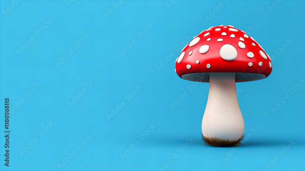 Playful 3D render of a red and white mushroom against a bright blue background. Fun, whimsical, and colorful. Playful 3D render of a red and white mushroom against a bright blue background. Fun, whimsical, and colorful.