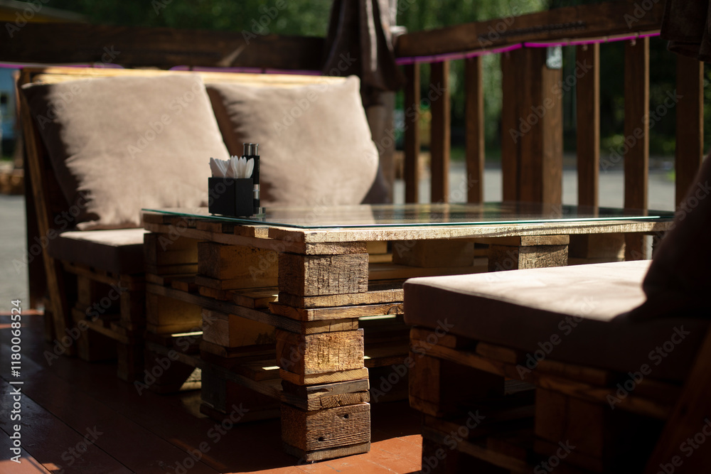 Interior of cafe. Craft table. Place to relax. Upholstered seat. Interior of cafe. Craft table. Place to relax. Upholstered seat.