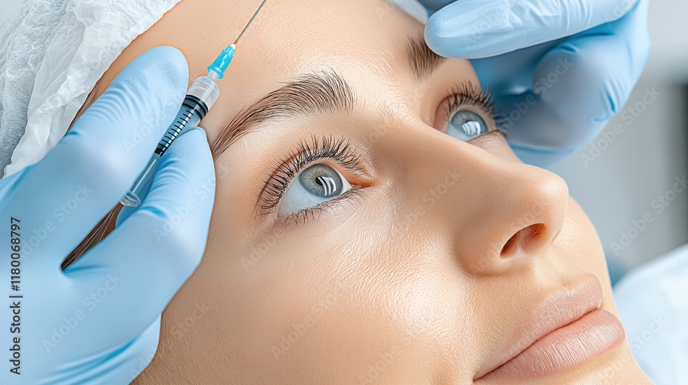 Naklejka premium Close-up of a woman receiving a cosmetic treatment with a syringe in a well-lit clinic
