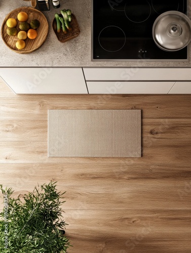Overhead view of a beige textured rug on a light brown wooden floor in a modern kitchen with fruit and vegetables on a wooden tray near a built-in induction cooktop.