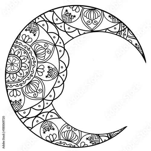 Quadro su tela A black and white line art drawing of a crescent moon, adorned with intricate mandala patterns