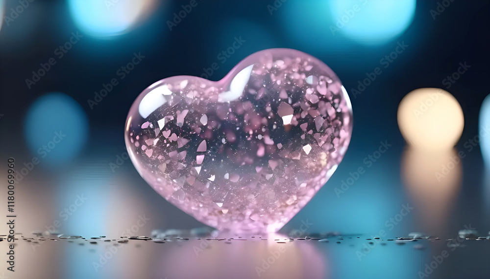 Fototapeta premium Rose Quartz Heart on Blue Blurred Background. Valentine's Day Card. Desktop Background