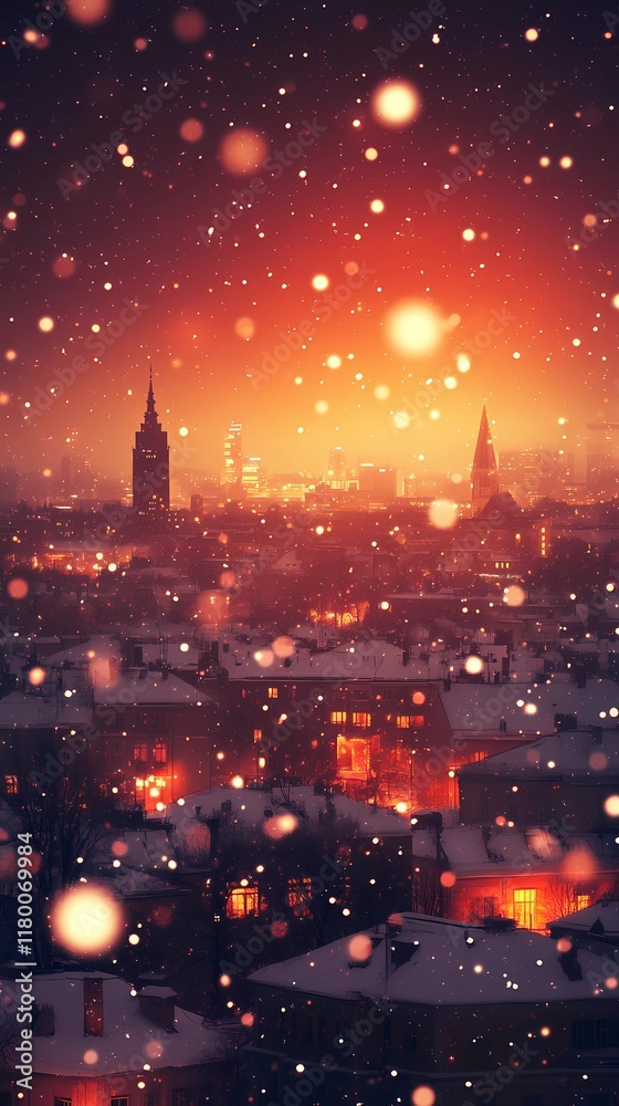 Obraz premium Abstract blurred bokeh lights illuminating snow-covered urban streets, creating a peaceful and magical winter scene, style book illustration