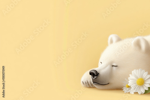 Cute bear and flower, A high-fidelity image of a bear lying down, ideal for creative projects requiring nature or wildlife visuals, enhanced for clarity and detail. photo