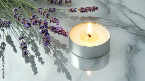 macro shot of lavender buds and lit candle on reflective marble surface creating serene atmosphere photo