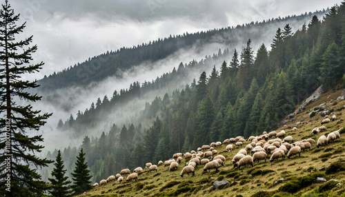 Troupeau de moutons dans les montagnes brumeuses photo