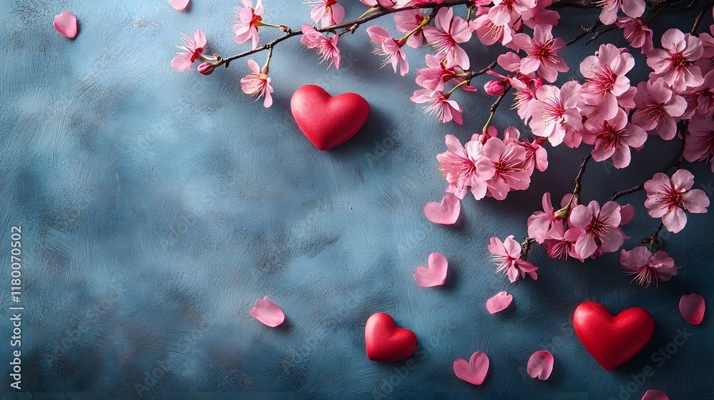 Obraz premium Romantic Pink Cherry Blossom Flowers with Red Heart Shapes