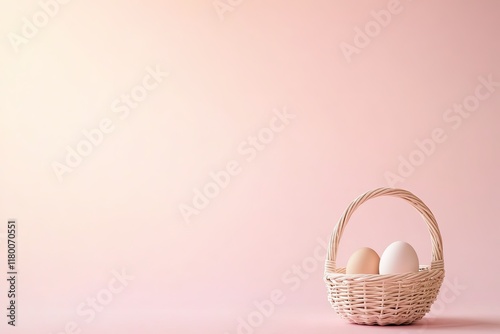 minimalist line art of single wicker basket with one egg set on pastel pink gradient background