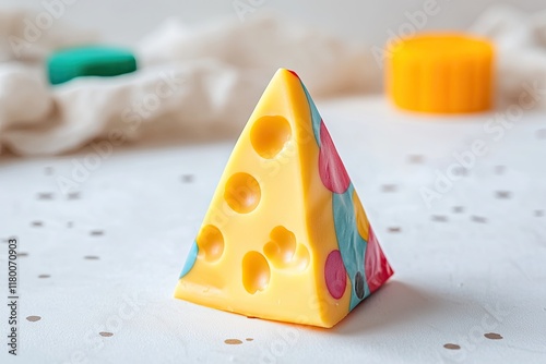 playful cheese triangle in colorful wrapping placed on white surface with generous copy space photo