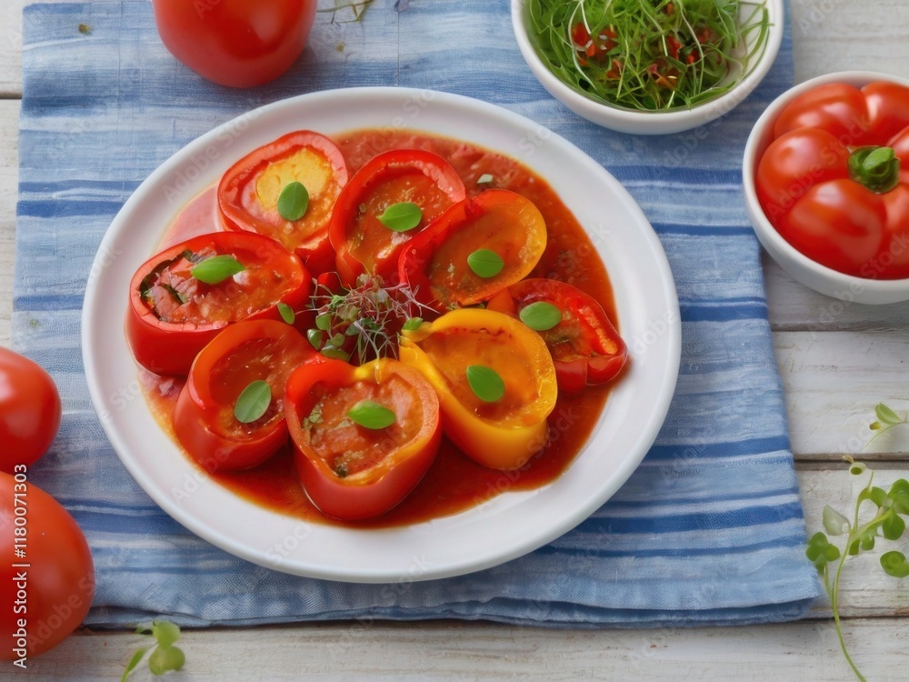 Vegetable stuffed bell peppers, vegetarian stuffed peppers on a white plate Vegetable stuffed bell peppers, vegetarian stuffed peppers on a white plate