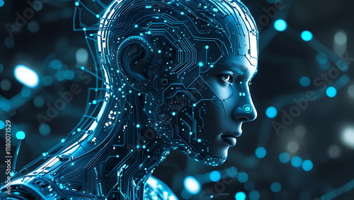 Futuristic AI Humanoid: Glowing Blue Circuit Design with High-Tech Digital Ambiance