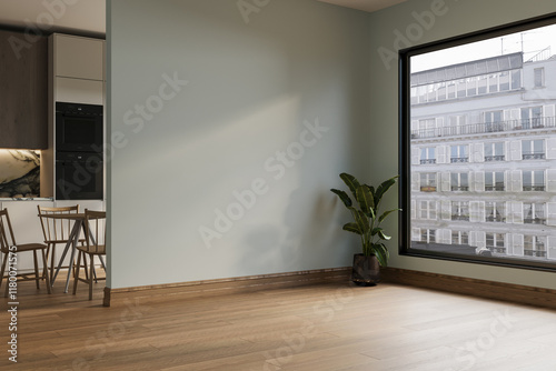 Modern interior design of apartment, dining room with table and chairs, empty living room with green tones wall, panorama.