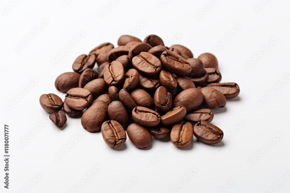 Roasted coffee beans forming a small pile on a white background, ideal for representing coffee, breakfast, or caffeine Roasted coffee beans forming a small pile on a white background, ideal for representing coffee, breakfast, or caffeine