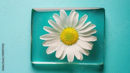 single daisy encased in clear resin placed on matte turquoise background photo