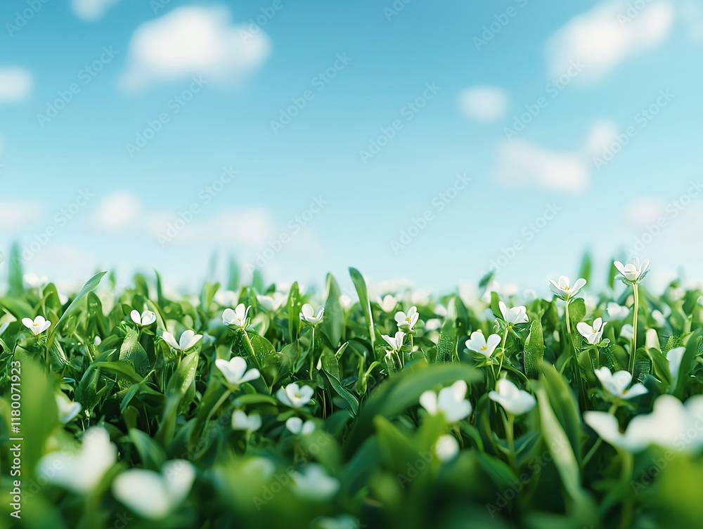 Fresh green grass and white wildflowers under clear blue sky create serene natural scene Fresh green grass and white wildflowers under clear blue sky create serene natural scene