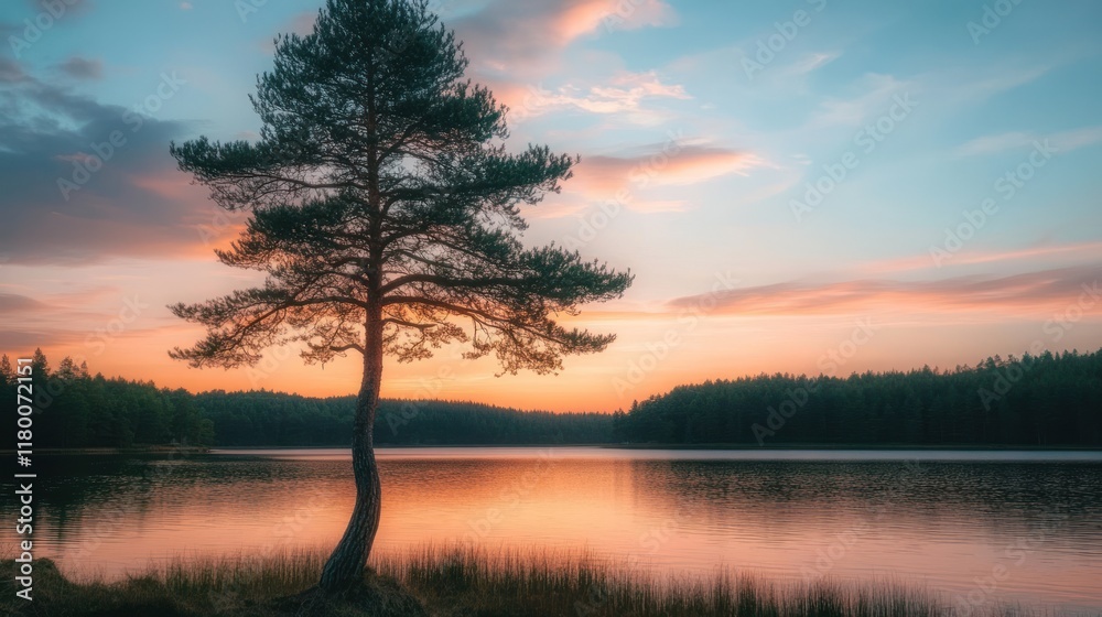 Solitary pine sunset lake reflection serenity nature Solitary pine sunset lake reflection serenity nature