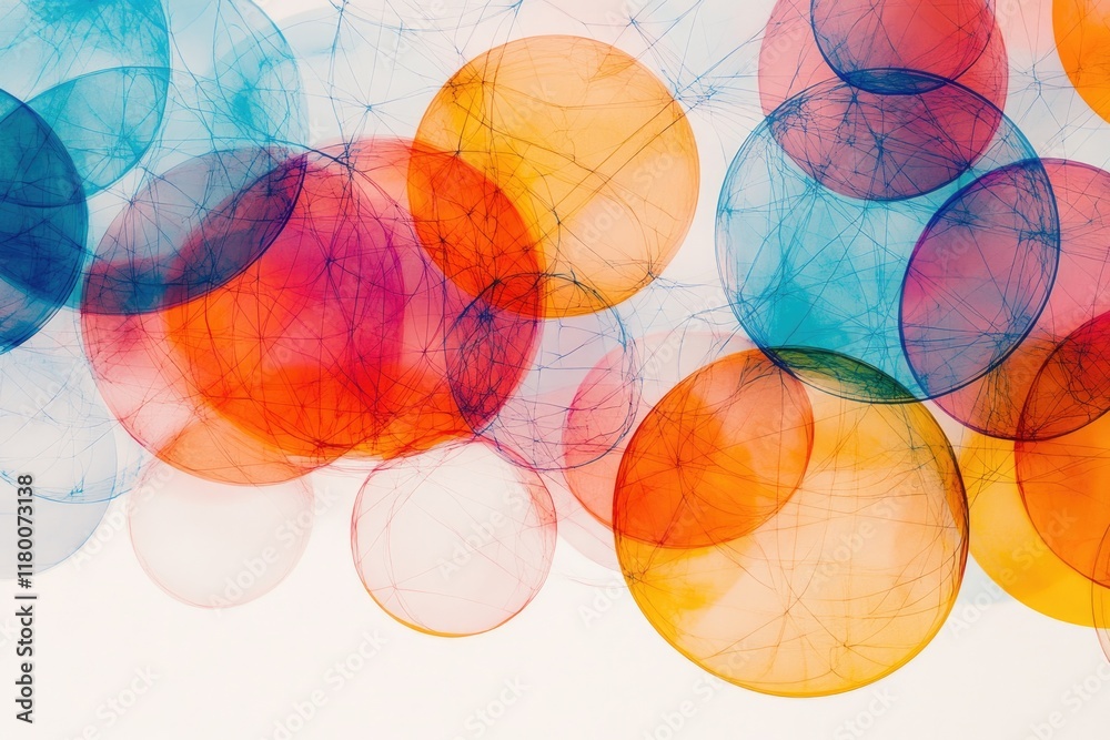 Fototapeta premium vibrant pattern of interconnected circles and lines forming geometric web with clean white backdrop