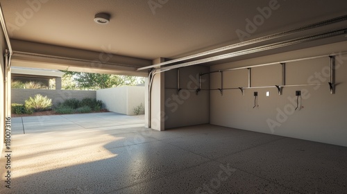 Spacious garage with open door and clean concrete floor.