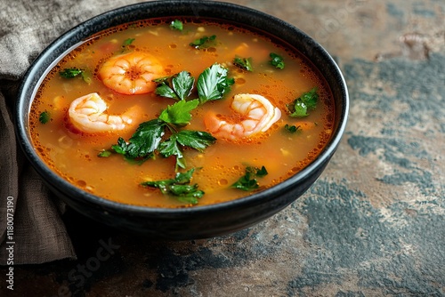 vibrant photo of traditional thai tom yum soup with shrimp and fresh herbs in spicy orange broth placed on rustic table