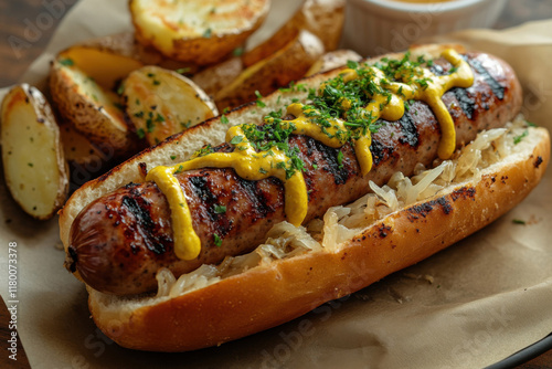 Grilled bratwurst nestled in a crusty bun with sauerkraut and crispy potato wedges for dinner