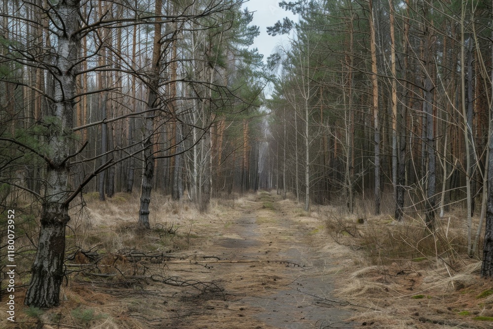 Fototapeta premium Desolate forest road is vanishing into the distance surrounded by bare trees