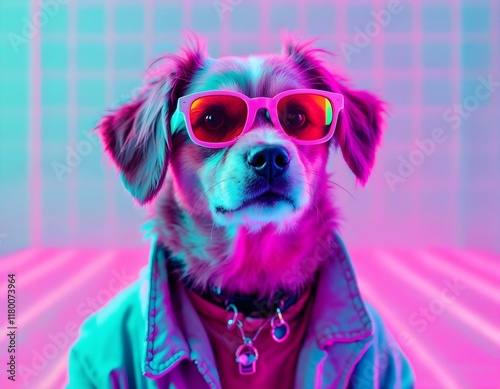 Stylized dog portrait, neon pink and blue lighting, plaid background, dog wearing red glasses, vibrant colors, retro aesthetic, 1980s inspired, surreal pet photography, funky dog fashion, colorful fur photo