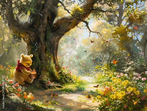 Winnie the Pooh Enjoys Honey in a Sunny Forest photo