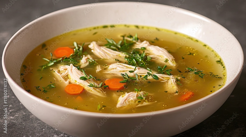 classic chicken soup with golden broth and fresh herbs served in modern white bowl with 70 copy space classic chicken soup with golden broth and fresh herbs served in modern white bowl with 70 copy space