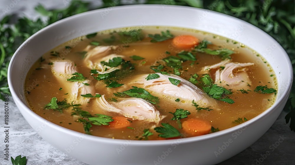 classic chicken soup with golden broth and fresh herbs served in modern white bowl with 70 copy space classic chicken soup with golden broth and fresh herbs served in modern white bowl with 70 copy space