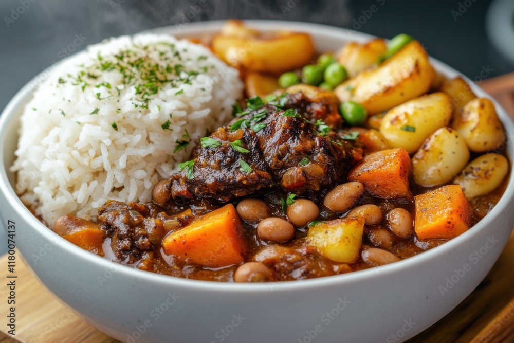 Vibrant Jamaican oxtail stew served with rice and peas on a colorful ceramic dish Vibrant Jamaican oxtail stew served with rice and peas on a colorful ceramic dish